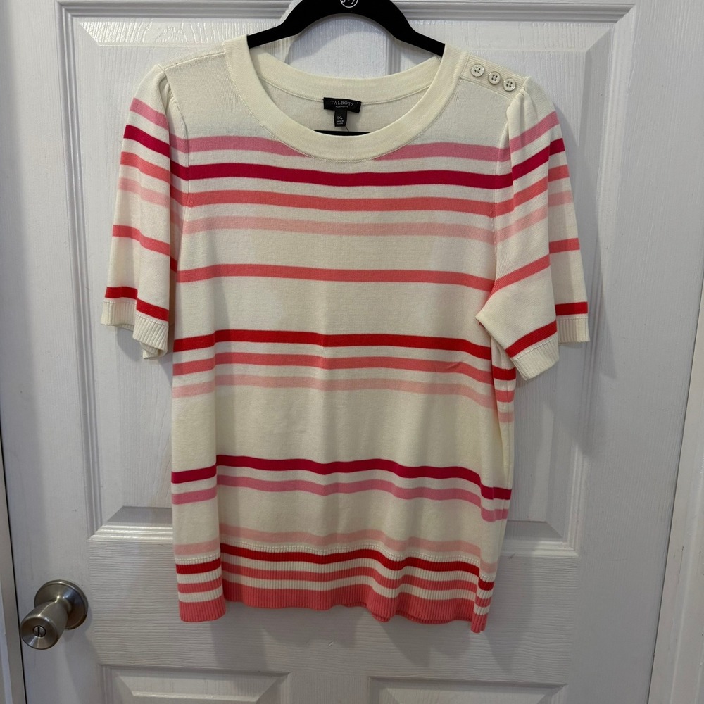 NWT Talbots 1X Petite Striped Sweater Top Cream Pink Short Sleeve Knit Buttons